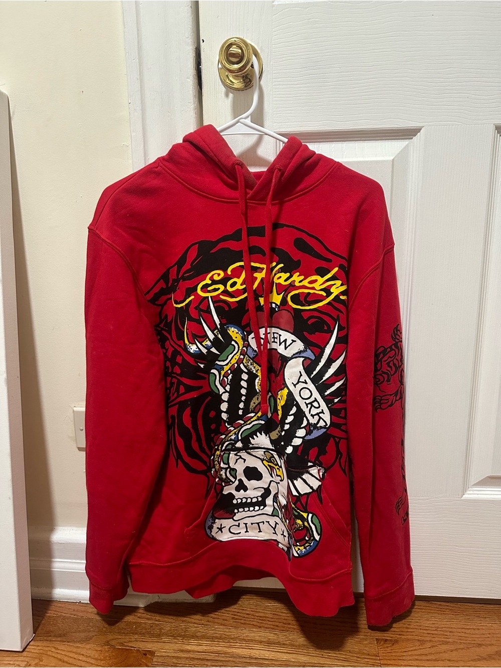 Ed Hardy Red Pullover Hoodie with Multicolor Skull Graphic